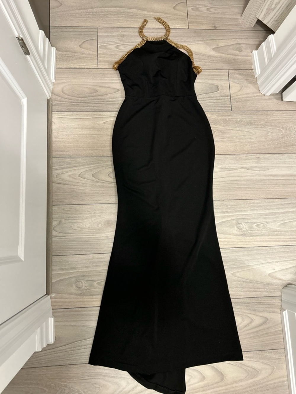 Black One-Shoulder Evening Gown with Gold Trim